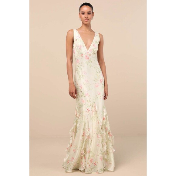 Lulus Deluca Dress Women's XS Cream Floral Maxi Ruffled Sleeveless NWOT - Picture 2 of 14